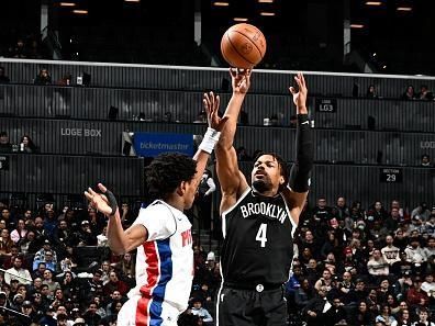 BROOKLYN, NY - DECEMBER 23: Dennis Smith Jr. #4 of the Brooklyn Nets shoots the ball during the game against the Detroit Pistons on December 23, 2023 at Barclays Center in Brooklyn, New York. NOTE TO USER: User expressly acknowledges and agrees that, by downloading and or using this Photograph, user is consenting to the terms and conditions of the Getty Images License Agreement. Mandatory Copyright Notice: Copyright 2023 NBAE (Photo by David Dow/NBAE via Getty Images)