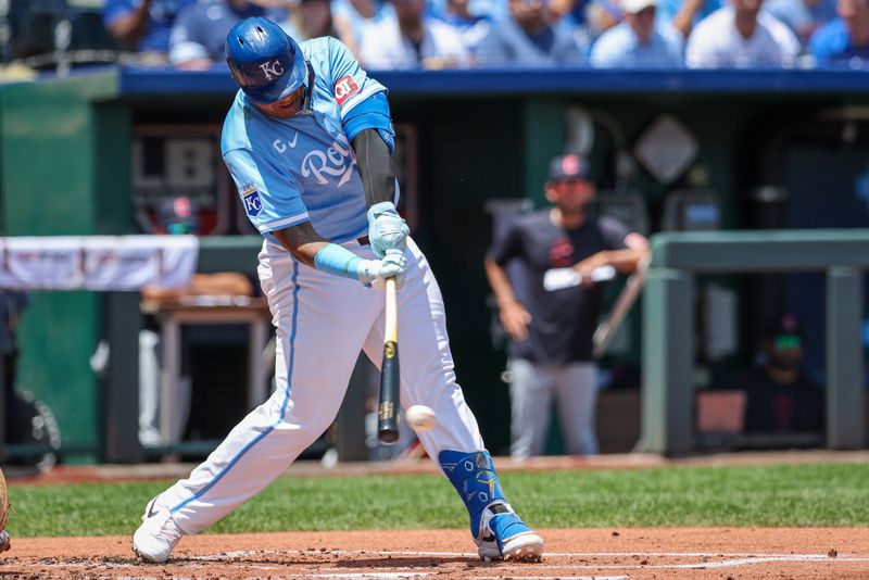 Jun 30, 2024; Kansas City, Missouri, USA; Kansas City Royals catcher Salvador Perez (13) at bat during the first inning against the Cleveland Guardians at Kauffman Stadium. Mandatory Credit: William Purnell-USA TODAY Sports