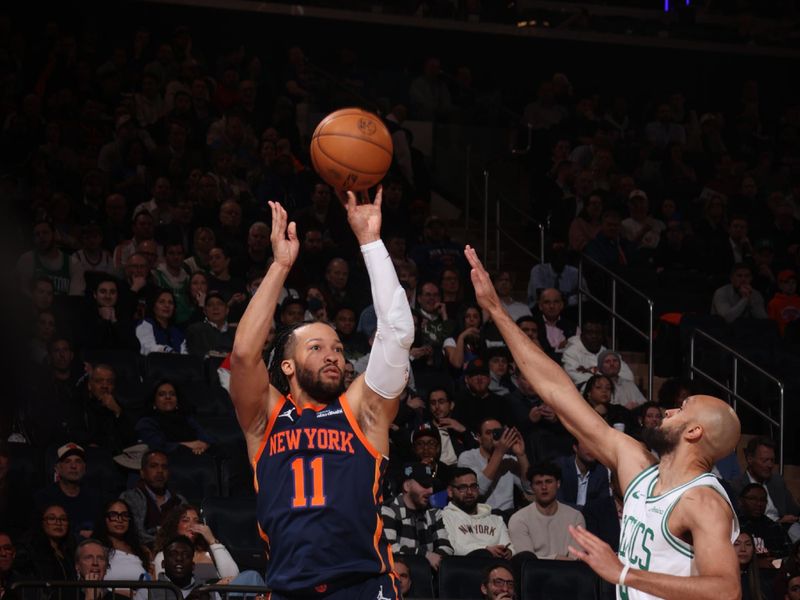 NEW YORK, NY - APRIL 8:  Jalen Brunson #11 of the New York Knicks shoots the ball during the game against the Boston Celtics on April 8, 2025 at Madison Square Garden in New York City, New York.  NOTE TO USER: User expressly acknowledges and agrees that, by downloading and or using this photograph, User is consenting to the terms and conditions of the Getty Images License Agreement. Mandatory Copyright Notice: Copyright 2025 NBAE  (Photo by Nathaniel S. Butler/NBAE via Getty Images)