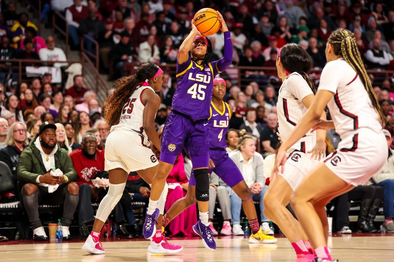 Feb 12, 2023; Columbia, South Carolina, USA; LSU Lady Tigers guard Alexis Morris (45) shoots against the South Carolina Gamecocks in the second half at Colonial Life Arena. Mandatory Credit: Jeff Blake-USA TODAY Sports