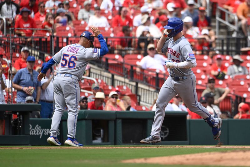 Aug 20, 2023; St. Louis, Missouri, USA; New York Mets first baseman Pete Alonso (20) is congratulated by New York Mets infield & third base coach Joey Cora (56) after Alonso hits a solo home run against the St. Louis Cardinals in the fourth inning at Busch Stadium. Mandatory Credit: Joe Puetz-USA TODAY Sports