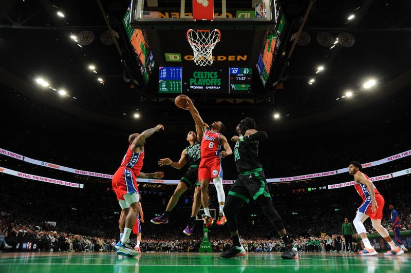 BOSTON, MA - MAY 1: De'Anthony Melton #8 of the Philadelphia 76ers blocks the shot by Malcolm Brogdon #13 of the Boston Celtics during Round Two Game One of the 2023 NBA Playoffs on May 1, 2023 at the TD Garden in Boston, Massachusetts. NOTE TO USER: User expressly acknowledges and agrees that, by downloading and or using this photograph, User is consenting to the terms and conditions of the Getty Images License Agreement. Mandatory Copyright Notice: Copyright 2023 NBAE  (Photo by Brian Babineau/NBAE via Getty Images)