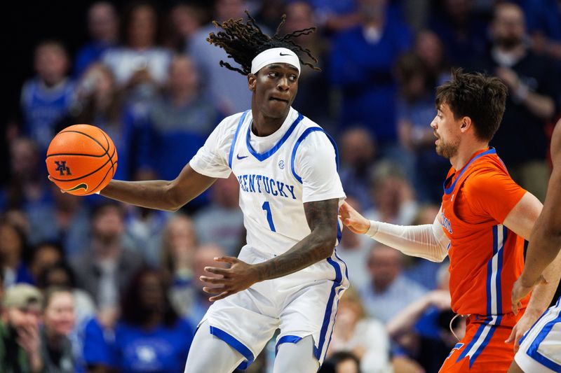 Mar 7, 2026; Lexington, Kentucky, USA; Kentucky Wildcats guard Denzel Aberdeen (1) handles the ball during the first half against the Florida Gators at Rupp Arena at Central Bank Center. Mandatory Credit: Jordan Prather-Imagn Images
