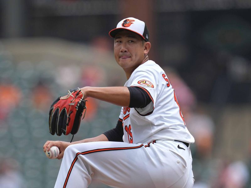 May 15, 2025; Baltimore, Maryland, USA; Baltimore Orioles pitcher Tomoyuki Sugano (19) delivers in the first inning against the Minnesota Twins at Oriole Park at Camden Yards. Mandatory Credit: Mitch Stringer-Imagn Images