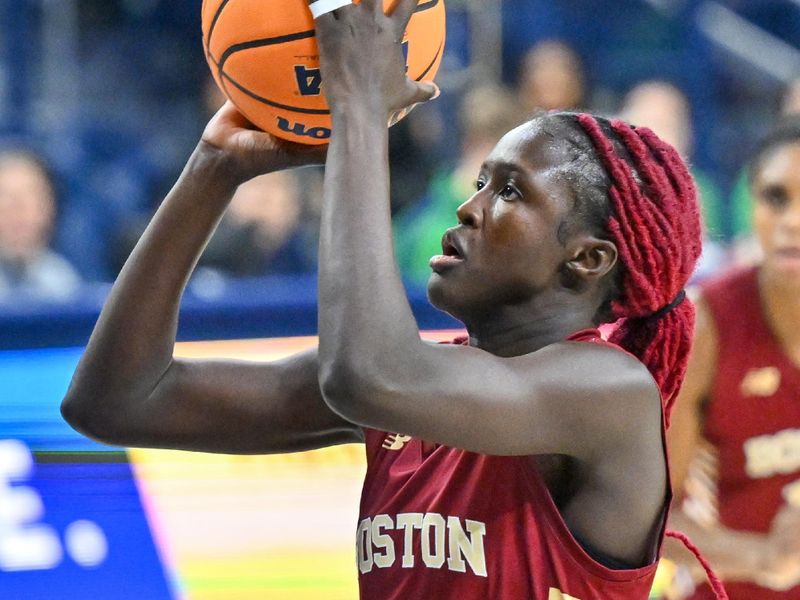 Jan 11, 2024; South Bend, Indiana, USA; Boston College Eagles forward Nene Ndiaye (0) shoots in the second half against the Notre Dame Fighting Irish at the Purcell Pavilion. Mandatory Credit: Matt Cashore-USA TODAY Sports