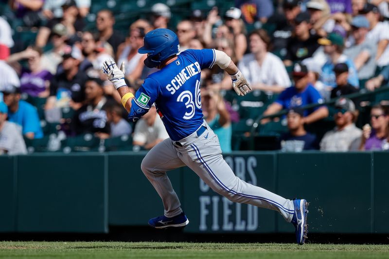 Sep 3, 2023; Denver, Colorado, USA; Toronto Blue Jays second baseman Davis Schneider (36) runs to second on an RBI double in the fifth inning against the Colorado Rockies at Coors Field. Mandatory Credit: Isaiah J. Downing-USA TODAY Sports