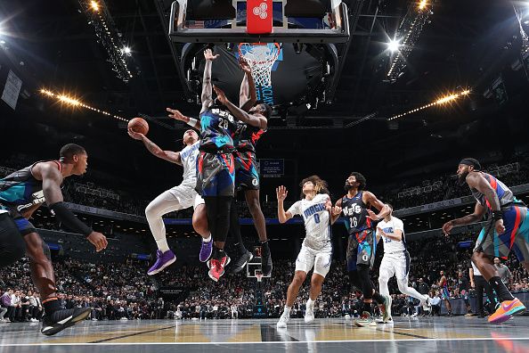 BROOKLYN, NY - NOVEMBER 14: Paolo Banchero #5 of the Orlando Magic shoots the ball during the game against the Brooklyn Nets during the In-Season Tournament game on November 14, 2023 at Barclays Center in Brooklyn, New York. NOTE TO USER: User expressly acknowledges and agrees that, by downloading and or using this Photograph, user is consenting to the terms and conditions of the Getty Images License Agreement. Mandatory Copyright Notice: Copyright 2023 NBAE (Photo by Nathaniel S. Butler/NBAE via Getty Images)