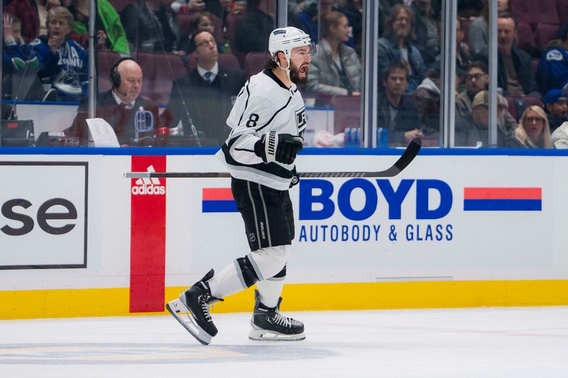 Feb 29, 2024; Vancouver, British Columbia, CAN; Los Angeles Kings defenseman Drew Doughty (8) celebrates his goal against the Vancouver Canucks in the first period at Rogers Arena. Mandatory Credit: Bob Frid-USA TODAY Sports