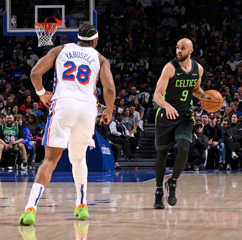 PHILADELPHIA, PA - FEBRUARY 2:  Derrick White #9 of the Boston Celtics dribbles the ball during the game against the Philadelphia 76ers on February 2, 2025 at the Wells Fargo Center in Philadelphia, Pennsylvania NOTE TO USER: User expressly acknowledges and agrees that, by downloading and/or using this Photograph, user is consenting to the terms and conditions of the Getty Images License Agreement. Mandatory Copyright Notice: Copyright 2025 NBAE (Photo by David Dow/NBAE via Getty Images)