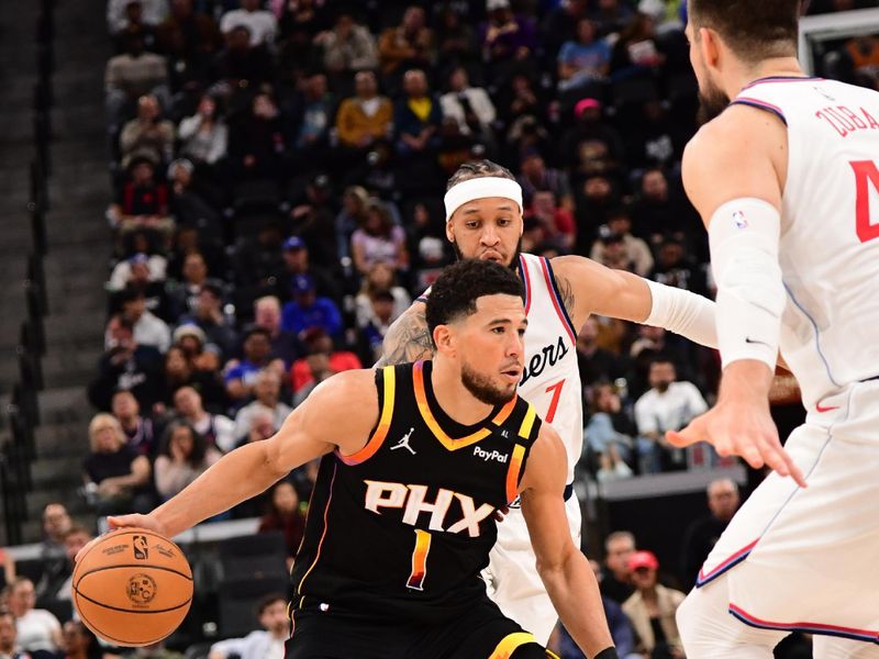 INGLEWOOD, CA - OCTOBER 31: Devin Booker #1 of the Phoenix Suns dribbles the ball during the game against the LA Clippers on October 31, 2024 at Intuit Dome in Los Angeles, California. NOTE TO USER: User expressly acknowledges and agrees that, by downloading and/or using this Photograph, user is consenting to the terms and conditions of the Getty Images License Agreement. Mandatory Copyright Notice: Copyright 2024 NBAE (Photo by Adam Pantozzi/NBAE via Getty Images)