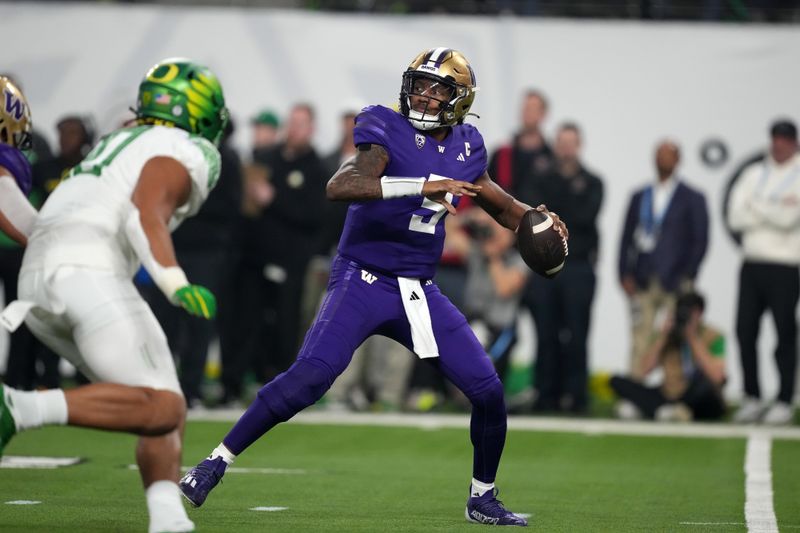 Dec 1, 2023; Las Vegas, NV, USA; Washington Huskies quarterback Michael Penix Jr. (9) throws the ball against the Oregon Ducks  in the first half at Allegiant Stadium. Mandatory Credit: Kirby Lee-USA TODAY Sports