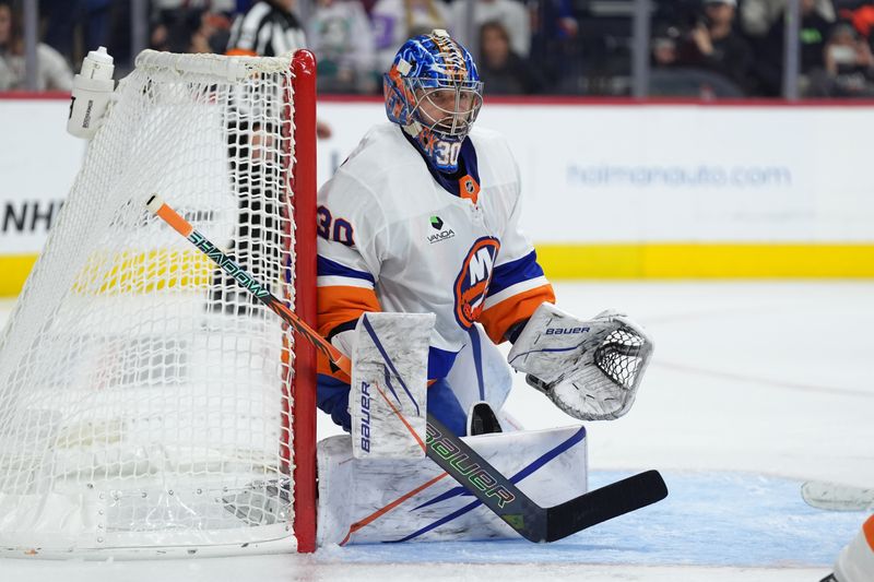 Oct 25, 2025; Philadelphia, Pennsylvania, USA; New York Islanders goalie Ilya Sorokin (30) defends the net against the Philadelphia Flyers in the second period at Xfinity Mobile Arena. Mandatory Credit: Kyle Ross-Imagn Images