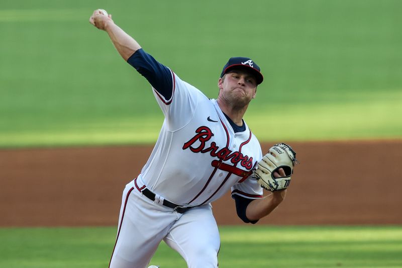 Jun 27, 2023; Atlanta, Georgia, USA; Atlanta Braves starting pitcher Bryce Elder (55) throws against the Minnesota Twins in the first inning at Truist Park. Mandatory Credit: Brett Davis-USA TODAY Sports