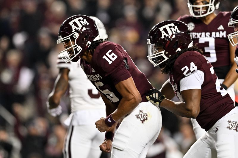 Nov 11, 2023; College Station, Texas, USA; Texas A&M Aggies quarterback Jaylen Henderson (16) reacts after scoring a touchdown in the first quarter against the Mississippi State Bulldogs at Kyle Field. Mandatory Credit: Maria Lysaker-USA TODAY Sports