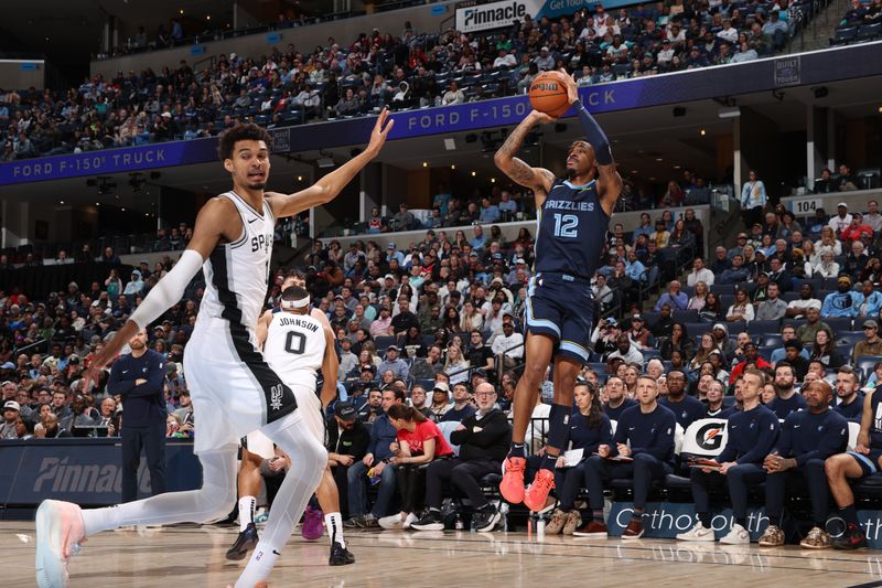 MEMPHIS, TN - FEBRUARY 3:  Ja Morant #12 of the Memphis Grizzlies shoots the ball during the game against the San Antonio Spurs on February 3, 2025 at FedExForum in Memphis, Tennessee. NOTE TO USER: User expressly acknowledges and agrees that, by downloading and or using this photograph, User is consenting to the terms and conditions of the Getty Images License Agreement. Mandatory Copyright Notice: Copyright 2025 NBAE (Photo by Joe Murphy/NBAE via Getty Images)