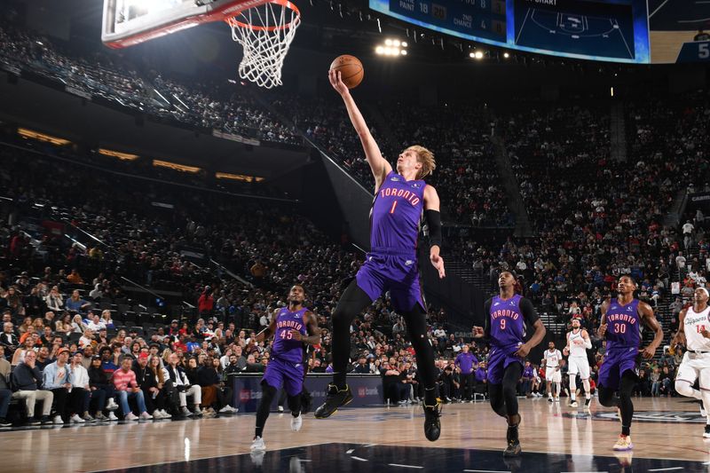 INGLEWOOD, CA - NOVEMBER 9: Gradey Dick #1 of the Toronto Raptors drives to the basket during the game against the LA Clippers on November 9, 2024 at Intuit Dome in Los Angeles, California. NOTE TO USER: User expressly acknowledges and agrees that, by downloading and/or using this Photograph, user is consenting to the terms and conditions of the Getty Images License Agreement. Mandatory Copyright Notice: Copyright 2024 NBAE (Photo by Noah Graham/NBAE via Getty Images)