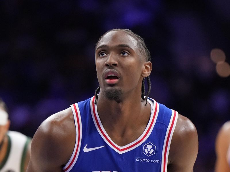 PHILADELPHIA, PA - OCTOBER 23: Tyrese Maxey #0 of the Philadelphia 76ers shoots a free throw during the game against the Milwaukee Bucks on October 23, 2024 at the Wells Fargo Center in Philadelphia, Pennsylvania NOTE TO USER: User expressly acknowledges and agrees that, by downloading and/or using this Photograph, user is consenting to the terms and conditions of the Getty Images License Agreement. Mandatory Copyright Notice: Copyright 2024 NBAE (Photo by Jesse D. Garrabrant/NBAE via Getty Images)