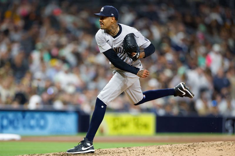 May 24, 2024; San Diego, California, USA;  New York Yankees relief pitcher Dennis Santana (53) throws a pitch during the seventh inning against the San Diego Padres at Petco Park. Mandatory Credit: David Frerker-USA TODAY Sports