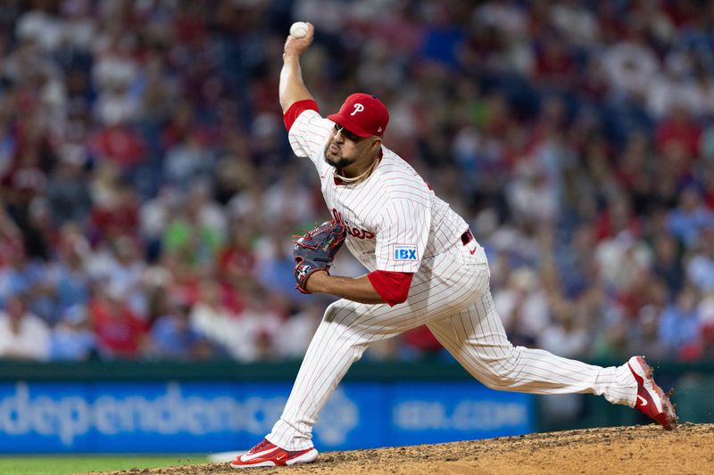 Sep 11, 2024; Philadelphia, Pennsylvania, USA; Philadelphia Phillies pitcher Carlos Estevez (53) throws a pitch during the ninth inning against the Tampa Bay Rays at Citizens Bank Park. Mandatory Credit: Bill Streicher-Imagn Images