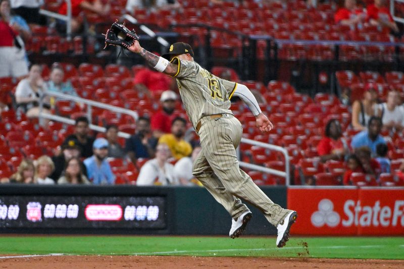 Aug 27, 2024; St. Louis, Missouri, USA;  San Diego Padres third baseman Manny Machado (13) fields a ground ball hit by St. Louis Cardinals pinch hitter Nolan Arenado (not pictured) during the ninth inning at Busch Stadium. Mandatory Credit: Jeff Curry-USA TODAY Sports