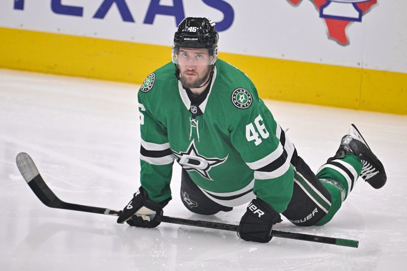 May 13, 2025; Dallas, Texas, USA; Dallas Stars defenseman Ilya Lyubushkin (46) skates in warmups prior to the start of the game against the Winnipeg Jets in game four of the second round of the 2025 Stanley Cup Playoffs at American Airlines Center. Mandatory Credit: Jerome Miron-Imagn Images