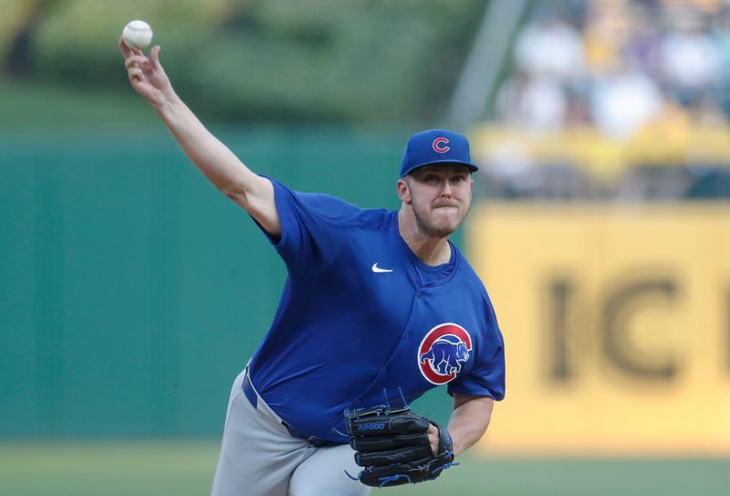 Aug 26, 2024; Pittsburgh, Pennsylvania, USA;  Chicago Cubs starting pitcher Jameson Taillon (50) delivers a pitch against the Pittsburgh Pirates during the first inning at PNC Park. Mandatory Credit: Charles LeClaire-USA TODAY Sports