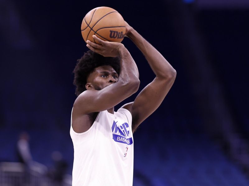 ORLANDO, FLORIDA - FEBRUARY 09: Jonathan Isaac #1 of the Orlando Magic warms up prior to the game against the Denver Nuggets at Amway Center on February 09, 2023 in Orlando, Florida. NOTE TO USER: User expressly acknowledges and agrees that, by downloading and or using this photograph, User is consenting to the terms and conditions of the Getty Images License Agreement. (Photo by Douglas P. DeFelice/Getty Images)