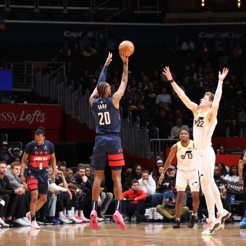 WASHINGTON, DC -? MARCH 5:  Alexandre Sarr #20 of the Washington Wizards shoots the ball during the game against the Utah Jazz on March 5, 2025 at Capital One Arena in Washington, DC. NOTE TO USER: User expressly acknowledges and agrees that, by downloading and or using this Photograph, user is consenting to the terms and conditions of the Getty Images License Agreement. Mandatory Copyright Notice: Copyright 2025 NBAE (Photo by Stephen Gosling/NBAE via Getty Images)