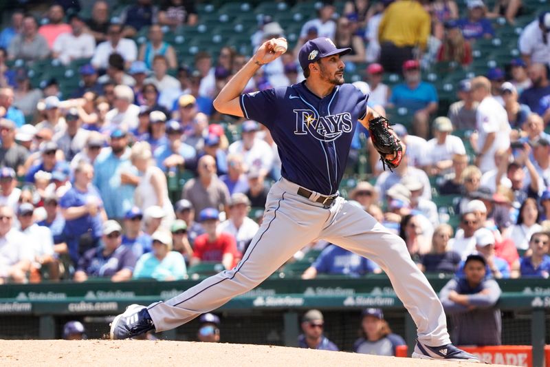 May 31, 2023; Chicago, Illinois, USA; Tampa Bay Rays starting pitcher Zach Eflin (24) throws the ball against the Chicago Cubs during the first inning at Wrigley Field. Mandatory Credit: David Banks-USA TODAY Sports