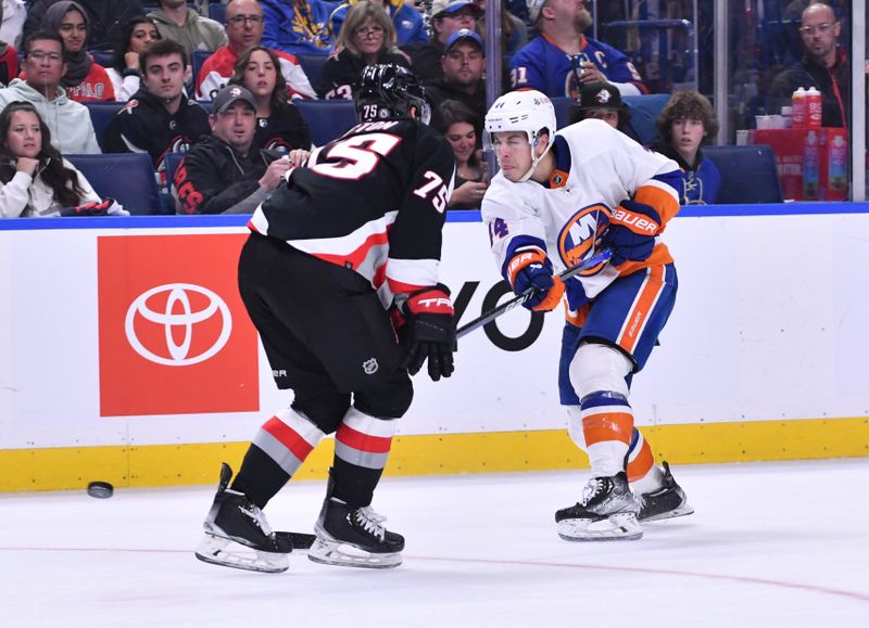 Oct 21, 2023; Buffalo, New York, USA; New York Islanders center Bo Horvat (14) shoots the puck past Buffalo Sabres defenseman Connor Clifton (75) in the third period at KeyBank Center. Mandatory Credit: Mark Konezny-USA TODAY Sports