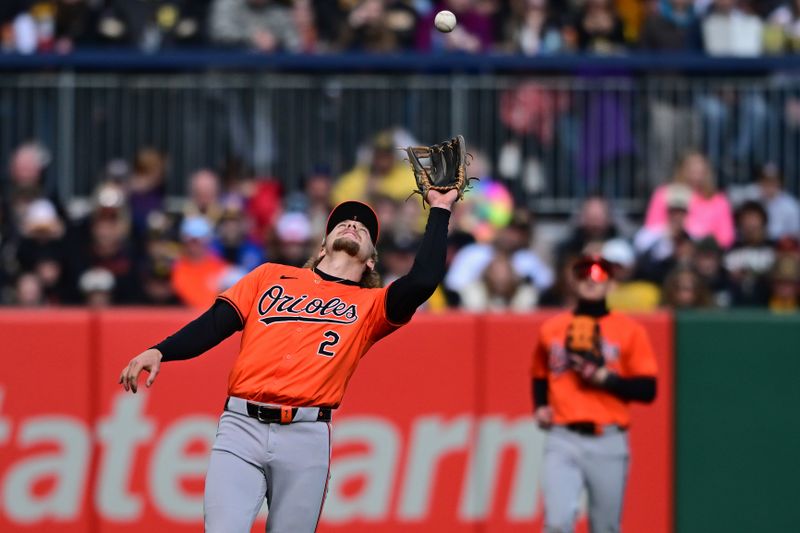 Apr 6, 2024; Pittsburgh, Pennsylvania, USA; Baltimore Orioles shortstop Gunnar Henderson (2) catches a ball during the fifth inning against the Pittsburgh Pirates at PNC Park. Mandatory Credit: David Dermer-USA TODAY Sports