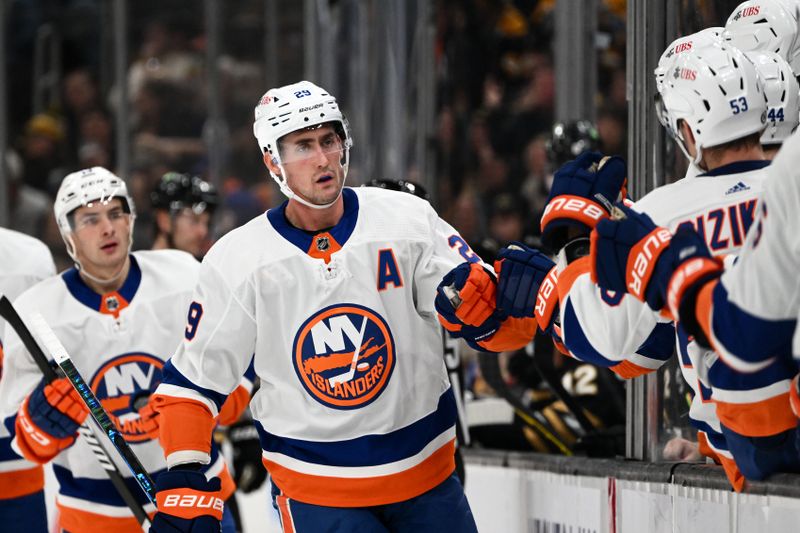 Nov 9, 2023; Boston, Massachusetts, USA; New York Islanders center Brock Nelson (29) celebrates with his teammates after scoring a goal against the Boston Bruins during the first period at the TD Garden. Mandatory Credit: Brian Fluharty-USA TODAY Sports