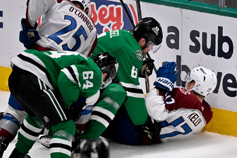 May 3, 2025; Dallas, Texas, USA; Dallas Stars defenseman Lian Bichsel (6) checks Colorado Avalanche center Parker Kelly (17) during the first period in game seven of the first round of the 2025 Stanley Cup Playoffs at American Airlines Center. Mandatory Credit: Jerome Miron-Imagn Images