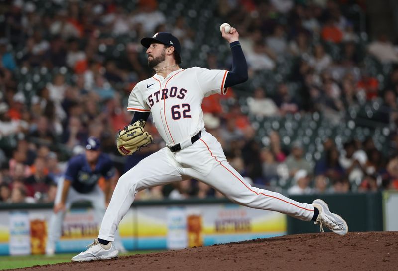 May 29, 2025; Houston, Texas, USA; Houston Astros relief pitcher Bennett Sousa (62) pitches against the Houston Astros in the fourth inning at Daikin Park. Mandatory Credit: Thomas Shea-Imagn Images