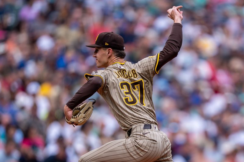 Aug 27, 2025; Seattle, Washington, USA; San Diego Padres reliever Alek Jacob (37) delivers a pitch during the fifth inning against the Seattle Mariners at T-Mobile Park. Mandatory Credit: Stephen Brashear-Imagn Images