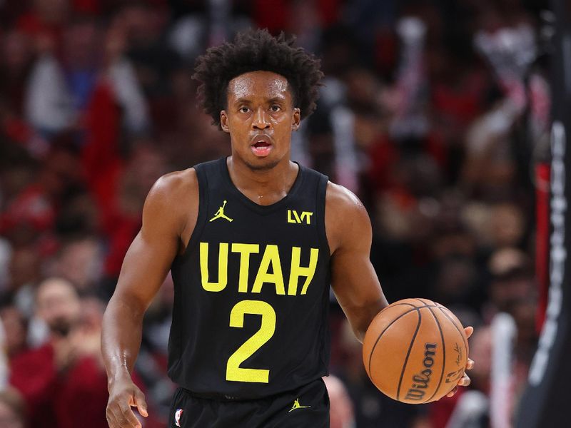 CHICAGO, ILLINOIS - NOVEMBER 06: Collin Sexton #2 of the Utah Jazz dribbles against the Chicago Bulls during the second half at the United Center on November 06, 2023 in Chicago, Illinois. NOTE TO USER: User expressly acknowledges and agrees that, by downloading and or using this photograph, User is consenting to the terms and conditions of the Getty Images License Agreement. (Photo by Michael Reaves/Getty Images)