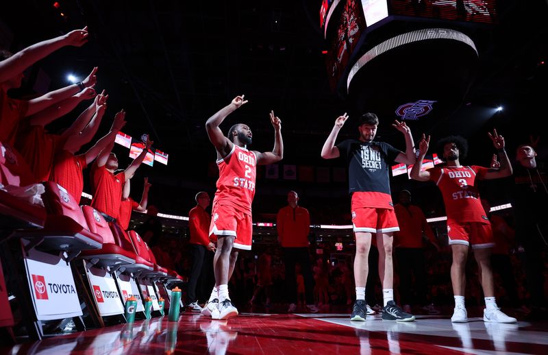 Feb 8, 2026; Columbus, Ohio, USA;  Ohio State Buckeyes guard Bruce Thornton (2) takes the floor before the game against the Michigan Wolverines at Value City Arena. Mandatory Credit: Joseph Maiorana-Imagn Images
