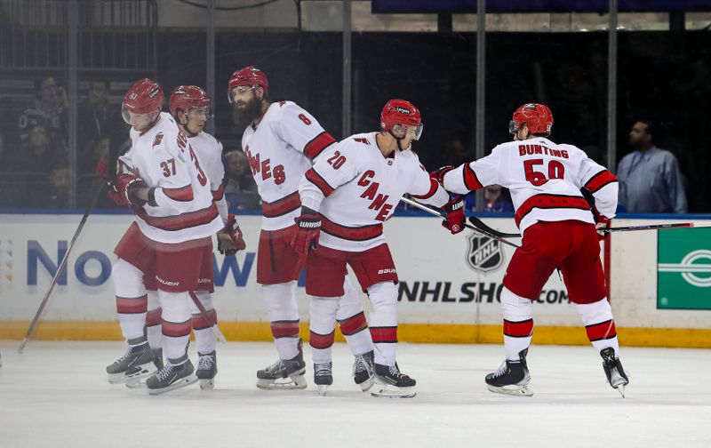 Jan 2, 2024; New York, New York, USA; Carolina Hurricanes right wing Andrei Svechnikov (37) celebrates his goal against the New York Rangers during the first period at Madison Square Garden. Mandatory Credit: Danny Wild-USA TODAY Sports