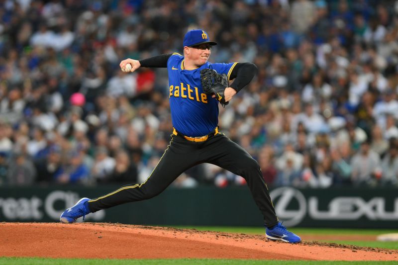 May 31, 2024; Seattle, Washington, USA; Seattle Mariners relief pitcher Trent Thornton (46) pitches to the Los Angeles Angels during the seventh inning at T-Mobile Park. Mandatory Credit: Steven Bisig-USA TODAY Sports