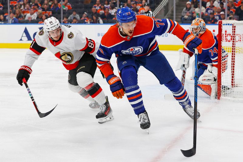 Jan 6, 2024; Edmonton, Alberta, CAN; Edmonton Oilers defensemen Vincent Desharnais (73) and Ottawa Senators forward Dominik Kubalik (81) look for a loose puck during the second period at Rogers Place. Mandatory Credit: Perry Nelson-USA TODAY Sports