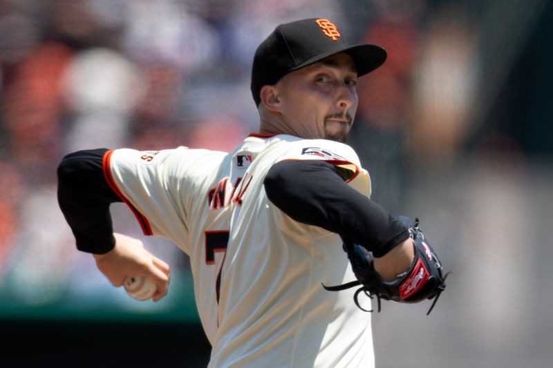 Jul 14, 2024; San Francisco, California, USA; San Francisco Giants starting pitcher Blake Snell (7) delivers a pitch against the Minnesota Twins during the first inning at Oracle Park. Mandatory Credit: D. Ross Cameron-USA TODAY Sports