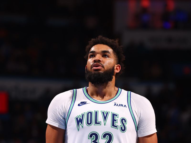 OKLAHOMA CITY, OK - JANUARY 29: Karl-Anthony Towns #32 of the Minnesota Timberwolves prepares to shoot a free throw during the game against the Oklahoma City Thunder on January 29, 2024 at Paycom Arena in Oklahoma City, Oklahoma. NOTE TO USER: User expressly acknowledges and agrees that, by downloading and or using this photograph, User is consenting to the terms and conditions of the Getty Images License Agreement. Mandatory Copyright Notice: Copyright 2024 NBAE (Photo by Zach Beeker/NBAE via Getty Images)