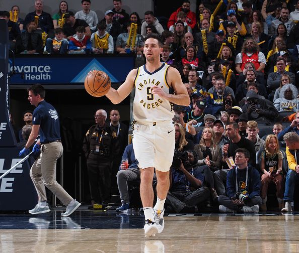 INDIANAPOLIS, IN - NOVEMBER 22: T.J. McConnell #9 of the Indiana Pacers dribbles the ball during the game against the Toronto Raptors on November 22, 2023 at Gainbridge Fieldhouse in Indianapolis, Indiana. NOTE TO USER: User expressly acknowledges and agrees that, by downloading and or using this Photograph, user is consenting to the terms and conditions of the Getty Images License Agreement. Mandatory Copyright Notice: Copyright 2023 NBAE (Photo by Ron Hoskins/NBAE via Getty Images)