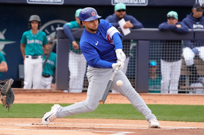 Mar 24, 2024; Peoria, Arizona, USA; Chicago Cubs third baseman Nick Madrigal (1) hits against the Seattle Mariners in the first inning at Peoria Sports Complex. Mandatory Credit: Rick Scuteri-USA TODAY Sports
