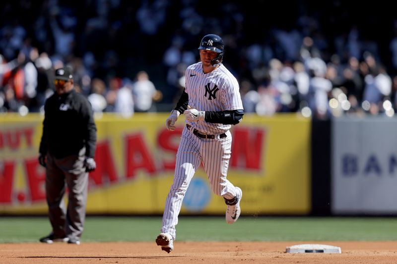 Apr 2, 2023; Bronx, New York, USA; New York Yankees catcher Kyle Higashioka (66) rounds the bases after hitting a solo home run against the San Francisco Giants during the fourth inning at Yankee Stadium. Mandatory Credit: Brad Penner-USA TODAY Sports