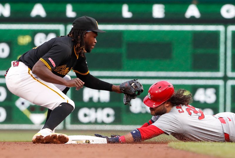 Jul 3, 2024; Pittsburgh, Pennsylvania, USA;  St. Louis Cardinals designated hitter Brandon Crawford (35) arrives safely at second base with a double as Pittsburgh Pirates shortstop Oneil Cruz (15) takes a late throw during the fifth inning at PNC Park. Mandatory Credit: Charles LeClaire-USA TODAY Sports