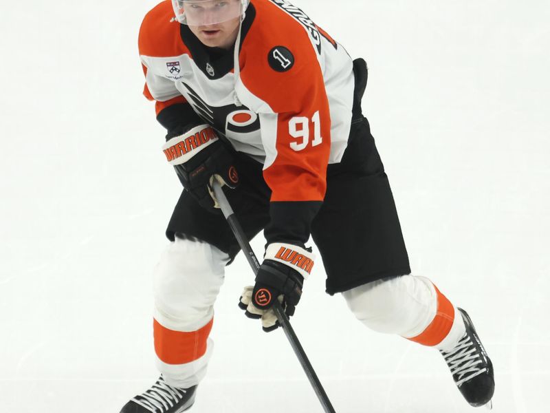 Jan 15, 2026; Pittsburgh, Pennsylvania, USA;  Philadelphia Flyers right wing Carl Grundstrom (91) warms up against the Pittsburgh Penguins at PPG Paints Arena. Mandatory Credit: Charles LeClaire-Imagn Images