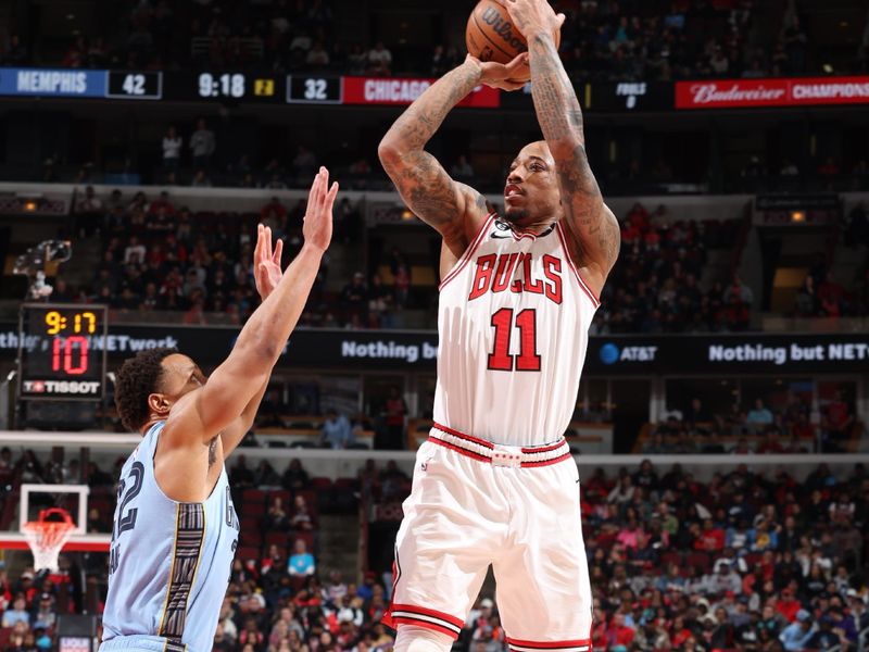 CHICAGO, IL - APRIL 2: DeMar DeRozan #11 of the Chicago Bulls shoots the ball during the game against the Memphis Grizzlies on April 2, 2023 at United Center in Chicago, Illinois. NOTE TO USER: User expressly acknowledges and agrees that, by downloading and or using this photograph, User is consenting to the terms and conditions of the Getty Images License Agreement. Mandatory Copyright Notice: Copyright 2023 NBAE (Photo by Jeff Haynes/NBAE via Getty Images)