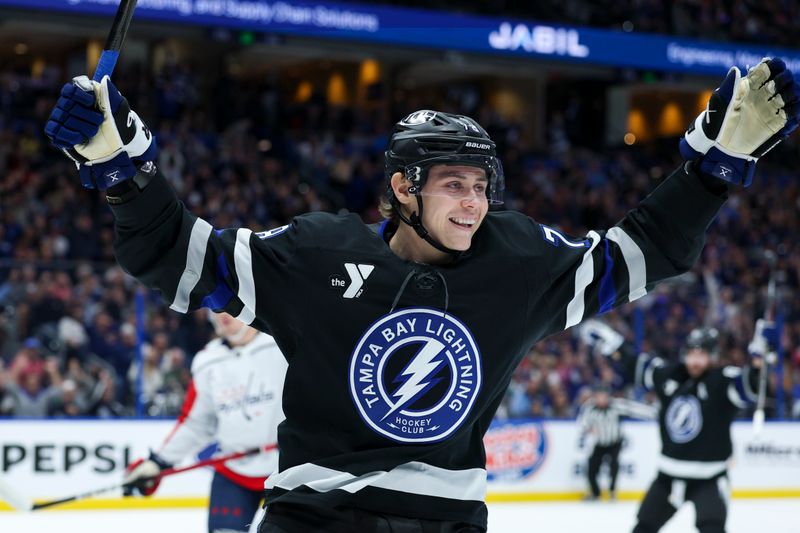 Nov 8, 2025; Tampa, Florida, USA; Tampa Bay Lightning defenseman Emil Lilleberg (78) reacts after scoring a goal against the Washington Capitals in the first period at Benchmark International Arena. Mandatory Credit: Nathan Ray Seebeck-Imagn Images