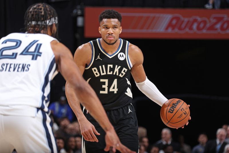 MEMPHIS, TN - FEBRUARY 15: Giannis Antetokounmpo #34 of the Milwaukee Bucks looks on during the game against the Memphis Grizzlies on February 15, 2024 at FedExForum in Memphis, Tennessee. NOTE TO USER: User expressly acknowledges and agrees that, by downloading and or using this photograph, User is consenting to the terms and conditions of the Getty Images License Agreement. Mandatory Copyright Notice: Copyright 2024 NBAE (Photo by Stephen Gosling/NBAE via Getty Images)